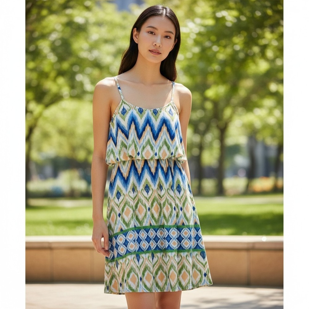 Magic Romper Women Large Blue Ikat Geometric Ruffle Summer Boho Festival